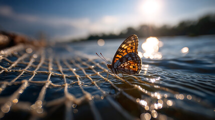 Great Spangled Fritillary Butterfly Resting on Netting Over Water at Sunset