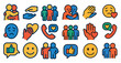 © Александр Михайлюк - Collection of emoticons and icons that represent different emotions and actions. The icons include a smiling face, a frowning face, a hand giving a hug, a hand giving a high five