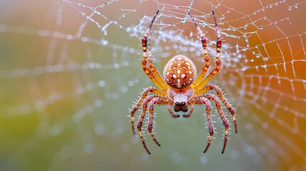 Spider on a dew-covered web, intricate detail, sparkling, natural macro
