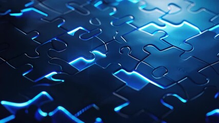 Wall Mural - A dark surface with a puzzle piece pattern of blue and white light, reminiscent of energy or circuit board design, ideal for technology themes.