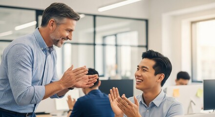 Two smiling colleagues, one older and one younger, enthusiastically clapping their hands in appreciation during a business meeting in a modern office setting.