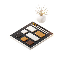 Wall Mural - Isometric view of a digital dashboard with charts and buttons and a decorative plant isolated on a transparent background