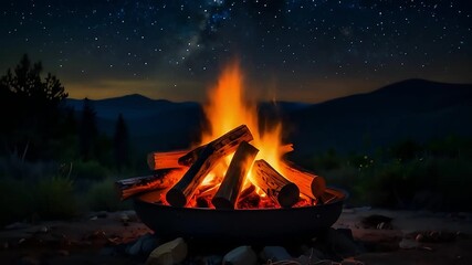 Wall Mural - A glowing campfire with a starry night sky