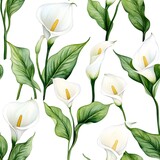Elegant white calla lily flower pattern on a white background.