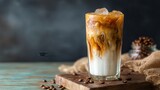ice caramel macchiato coffee on wooden table.