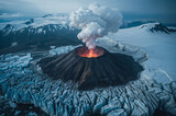 Fiery volcano erupts amidst snowy glacial landscape