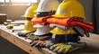 © Satriyo - Essential personal protective equipment for construction site safety. A collection of hard hats, vests, and gloves on a workbench.