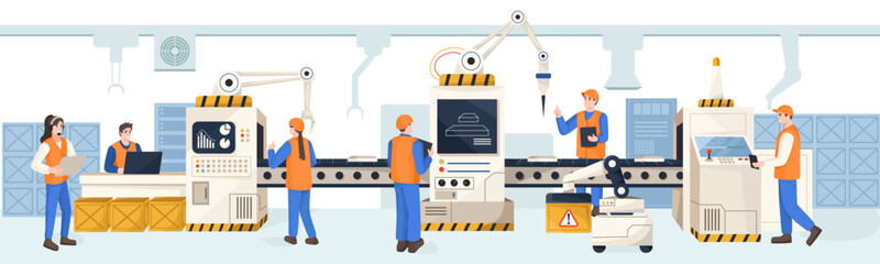 Workers and robotic arms operating machines on modern assembly line in factory interior, flat style on white background. Concept of automation. Vector illustration