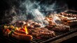 © Plaifah - A dynamic shot of a sizzling barbecue grill with various meats, such as sausages, steaks, and ribs, cooking over an open flame, with smoke rising.