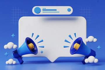  3d reminder popup bell push notification symbol. Empty application message on blue background. Blank note icon copy space for text. 3d render illustration minimal style. 