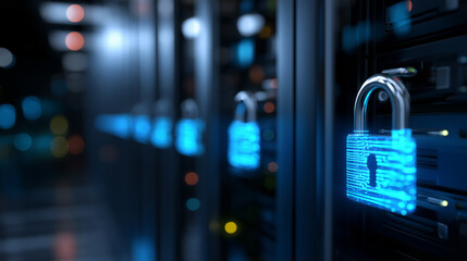 Wall Mural - a row of glowing blue padlock icons representing cybersecurity and data protection on server racks i