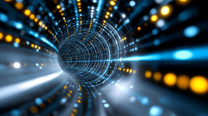 Wall Mural - an abstract visual of a futuristic light tunnel with glowing blue and orange data streams, represent
