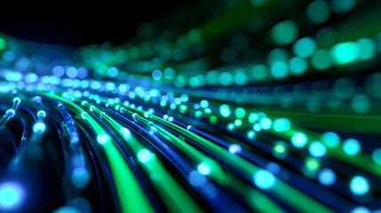 Wall Mural - an abstract, close-up view of glowing blue and green fiber optic cables carrying digital data.