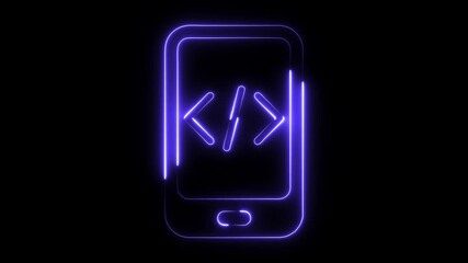 Neon glowing smartphone displaying code symbols digital programming concept abstract technology background with