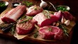 © Plaifah - A vibrant display of various cuts of fresh meat, including beef, pork, and lamb, arranged on a butcher's block with garnishes of rosemary and garlic.