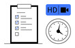 © robu_s - Clipboard with checklist, HD video icon, and analog clock illustrating task management, time tracking, and media quality. Ideal for productivity, planning, video creation, deadlines efficiency
