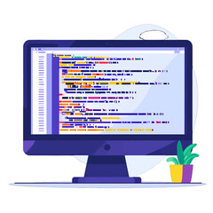 Colorful Flat Design Computer Monitor Showing Code