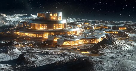 Wall Mural - Futuristic moon base at night with glowing lights, nestled among craters and mountains.