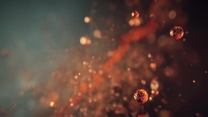 Wall Mural - shiny copper spheres exploding and creating small particles and droplets, forming an abstract backgr