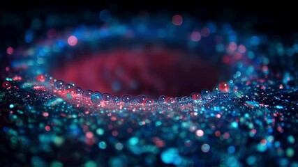 Wall Mural - Innovative dark surface covered in sparkling glitter and droplets reflects red and blue light, creating a mesmerizing and dreamlike atmosphere with a shallow depth of field