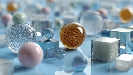 Wall Mural - glass and plastic spheres and cubes of different sizes and textures are creating an abstract composi