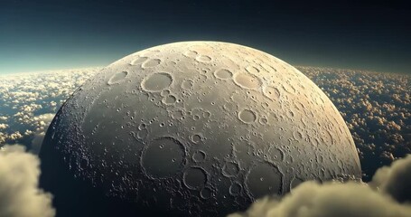 Wall Mural - Aerial view of the moon rising above a layer of clouds, creating a dramatic and cinematic scene.