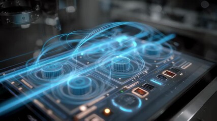 Wall Mural - digital rotary switches control energy flows on a futuristic control panel, embodying technological 