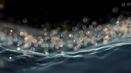 Wall Mural - Abstract network of glowing spheres connected by thin lines rising from a wavy surface, creating a futuristic and technological concept of innovation against a dark background