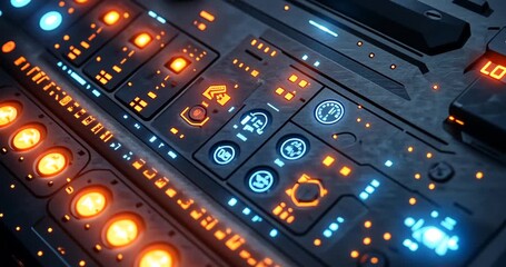 Wall Mural - Close-up of a futuristic control panel with glowing lights and intricate details.