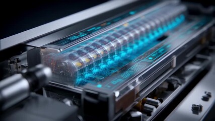 Wall Mural - complex technological device with transparent casing revealing intricate components and energy flow,