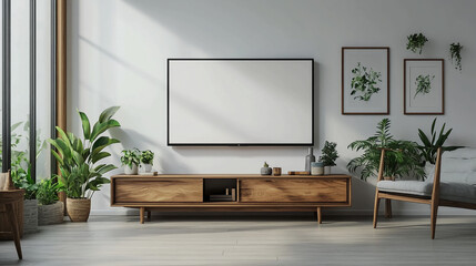  Modern living room interior design with tv mockup and plants for home decor and furniture ideas