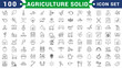 © GX ROHIMA - Sustainable agriculture solid icons set – eco-friendly farming, conservation, and gardening symbols: seedling, irrigation, organic, protection, recycling, watering can, pump, growth.