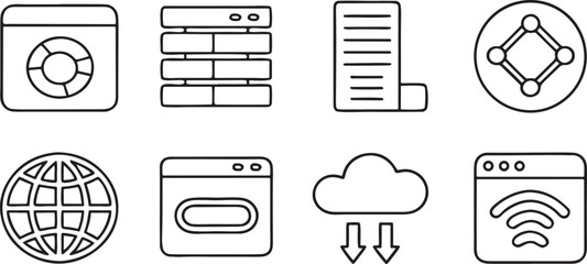 Isolated black internet technology icons, upload tool, domain settings, online server, cloud storage, hyperlink button, web interface symbols, minimal set