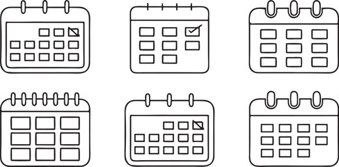 Isolated New Year calendar planning icons, January month page, year planner book, monthly goals, date marker, event reminder stickers, minimal layout set
