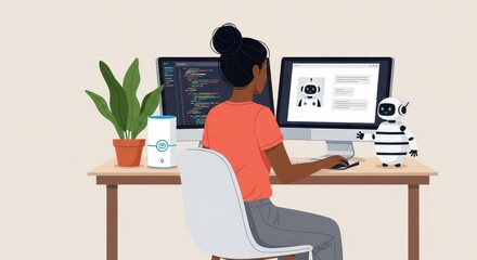 Flat illustration of Woman programmer coding at a desk with two monitors interacting with an ai chatbot symbolizing artificial intelligence and development
