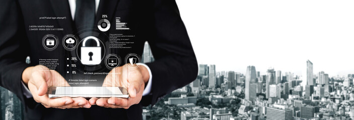 Wall Mural - cyber security protects against breaches, hacks, and network attacks using strong infrastructure and