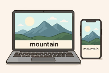 Wall Mural - laptop and smartphone mockup with mountain landscape wallpaper. responsive design concept. computer 