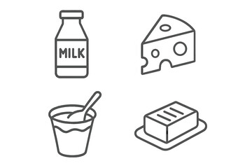 Dairy products line icon set. Vector collection of milk, cheese, yogurt, and butter symbols. Outline illustration for healthy food, breakfast, farm, and grocery concepts.