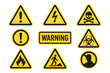 © Fabian - Warning signs vector set. Collection of hazard symbols like high voltage, biohazard, poison, and fire. Safety first concept illustration. Attention and danger icons.