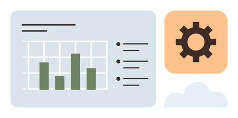 Bar chart and menu on data-driven interface paired with gear icon and cloud silhouette. Ideal for technology, analytics, connectivity, productivity, database, cloud computing, and workflow. Simple