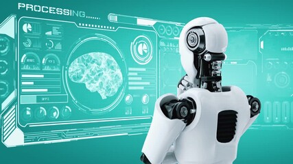 Wall Mural - thinking ai hominoid robot analyzing hologram screen showing concept of ai brain and artificial inte