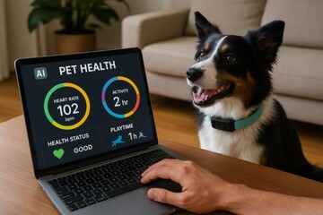 Veterinarian using a laptop with artificial intelligence software to monitor pet health, showing heart rate, activity, and playtime data