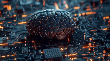 Wall Mural - a brain is shown on a computer chip. the brain is surrounded by a network of wires and circuits. con