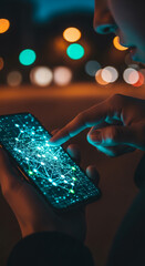 Wall Mural - close-up of hand using smartphone displaying glowing network graphic at night, symbolizing digital c