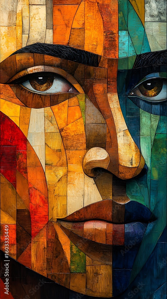 Artistic depiction of a human face rendered in mosaic style with ...