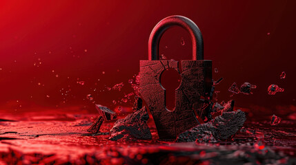Wall Mural - glowing padlock breaking apart in digital fragments, symbolizing security and vulnerability in strik