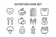 © Marie - Nutrition line icon set. Healthy food and diet symbols. Fitness, wellness and health care concept. Vector icons for gym, weight loss, meal plan, and healthy lifestyle.