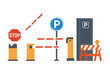 © Marie - Automatic open and closed car barriers with stop and park signs, construction barricades, roadblocks, access control system, parking payment machine, security gate concept