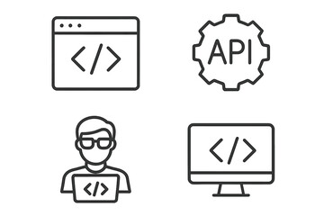 Programming and coding line icon set. Software development symbols for web and mobile app. Vector icons of code, API, programmer, developer, and information technology.