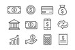 © Michael - Finance and money thin line icon set with editable stroke. Business and payment outline pictograms. Includes bank, credit card, mobile banking, investment, and profit symbols.